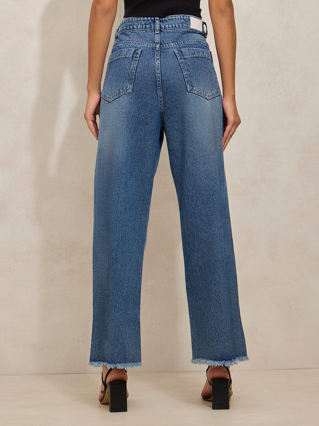 Women's Blue High Rise Wide Leg Jeans with Frayed Hem