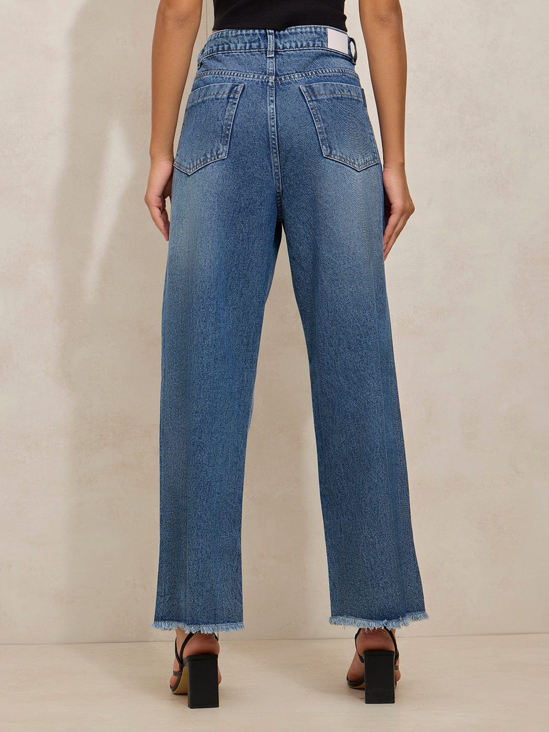 Women's Blue High Rise Wide Leg Jeans with Frayed Hem