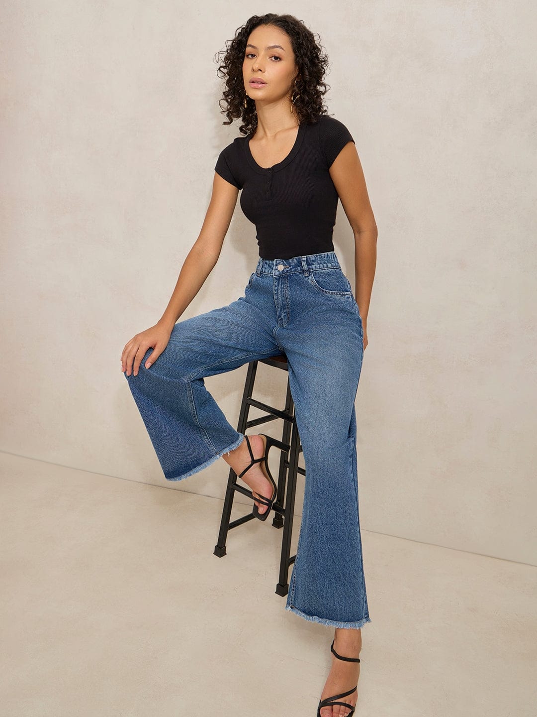 Women's Blue High Rise Wide Leg Jeans with Frayed Hem