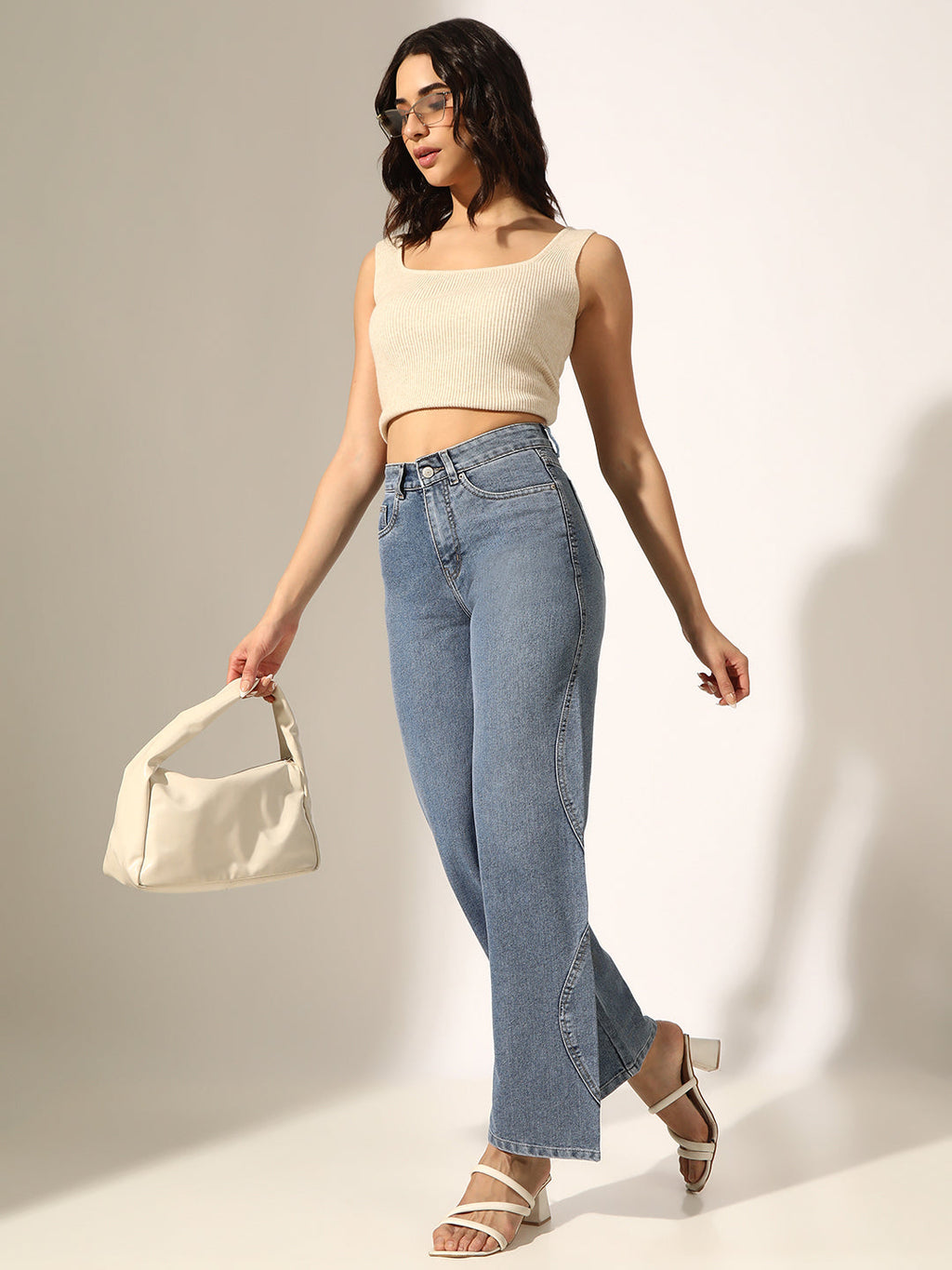 Women's Blue High-Rise Straight Fit Jeans with Curved Panel Detail