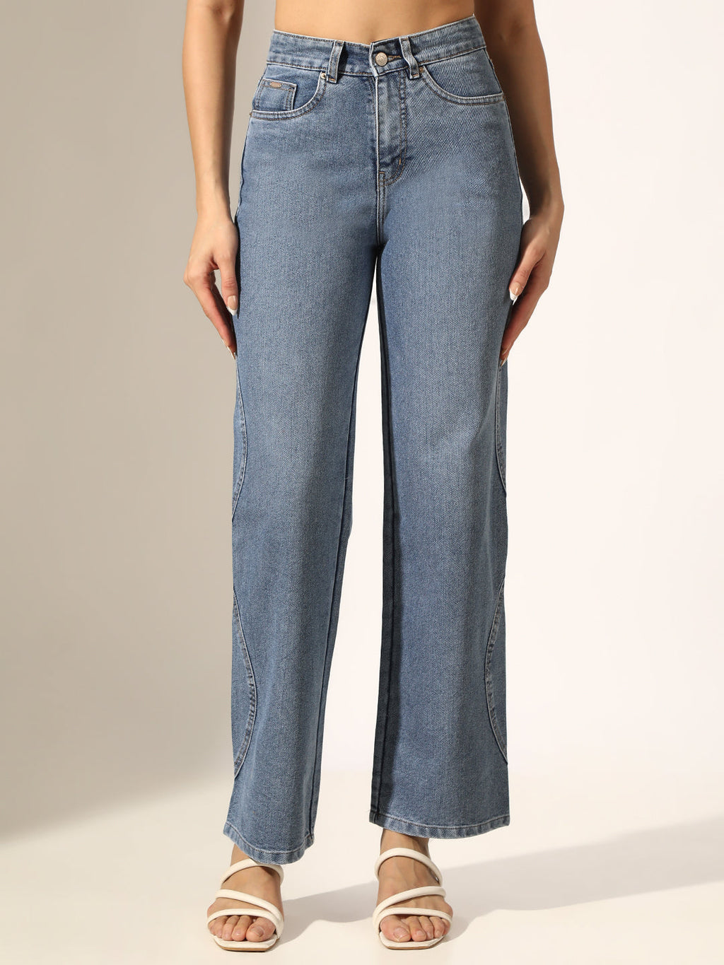 Women's Blue High-Rise Straight Fit Jeans with Curved Panel Detail