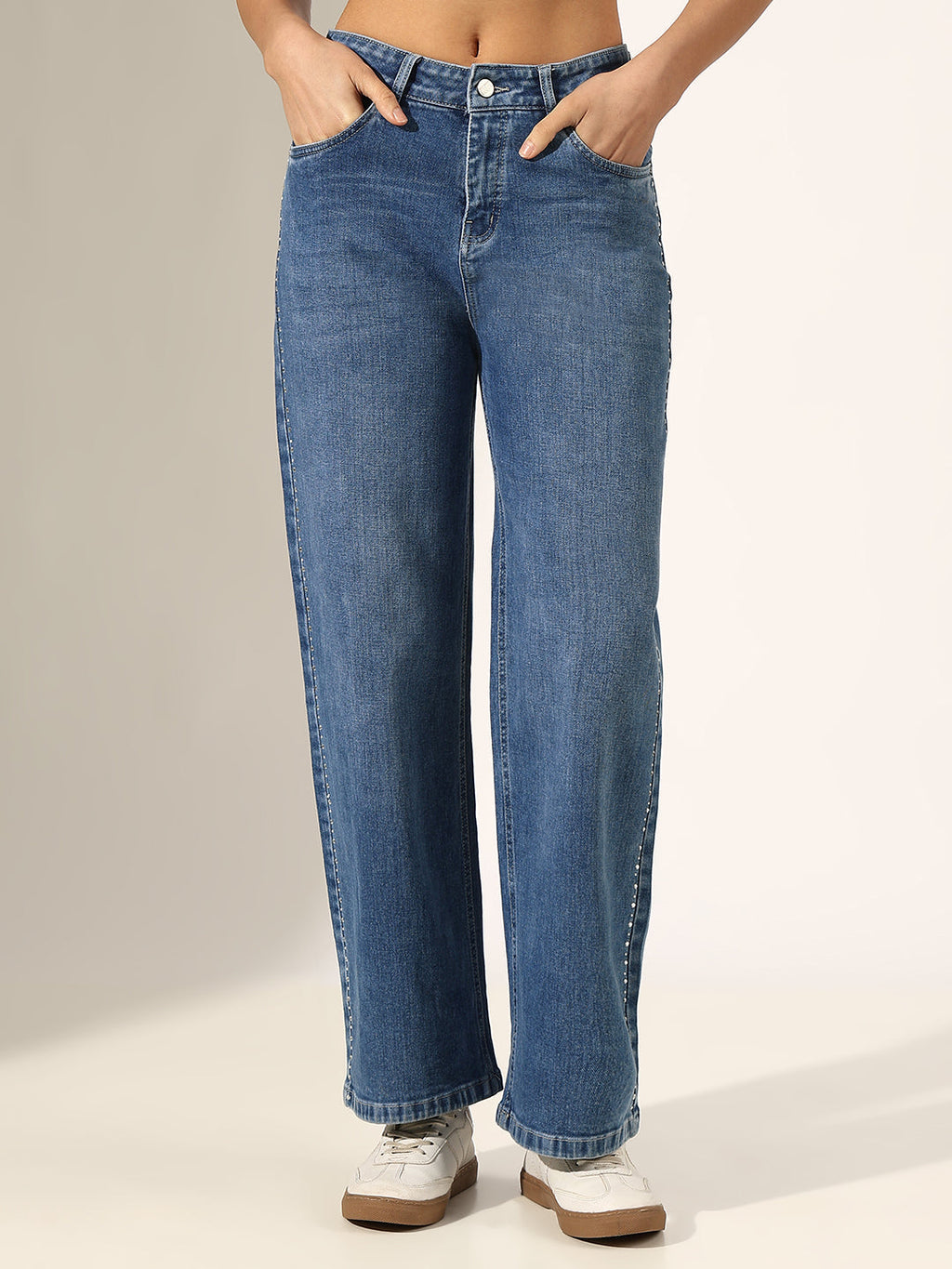 Women's Blue Mid-Rise Straight Fit Jeans with Side Seam Embellishments