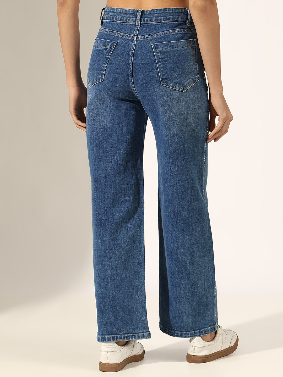 Women's Blue Mid-Rise Straight Fit Jeans with Side Seam Embellishments