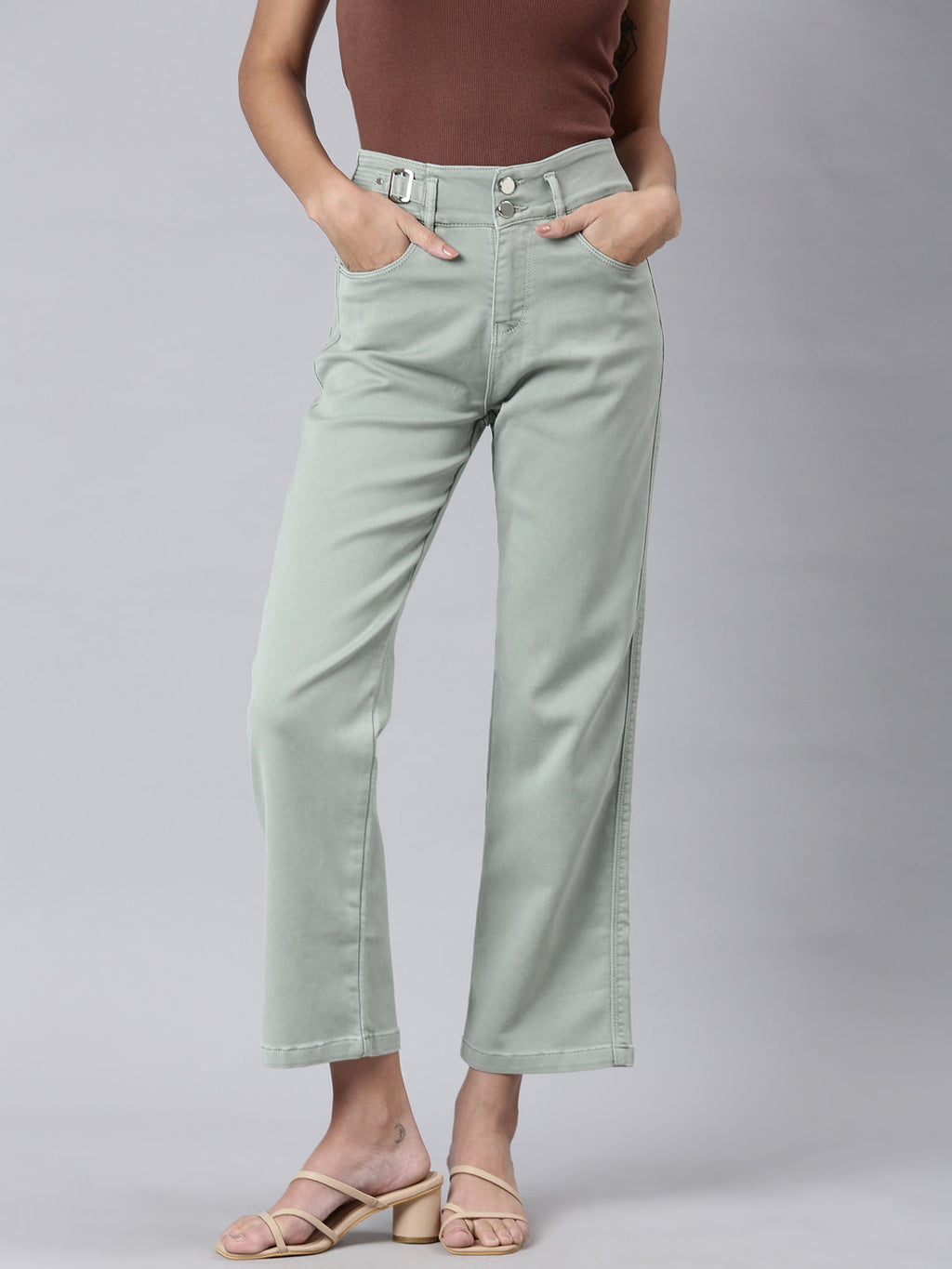 Women's Green Straight Fit Acid Wash High-Raise Denim Jeans