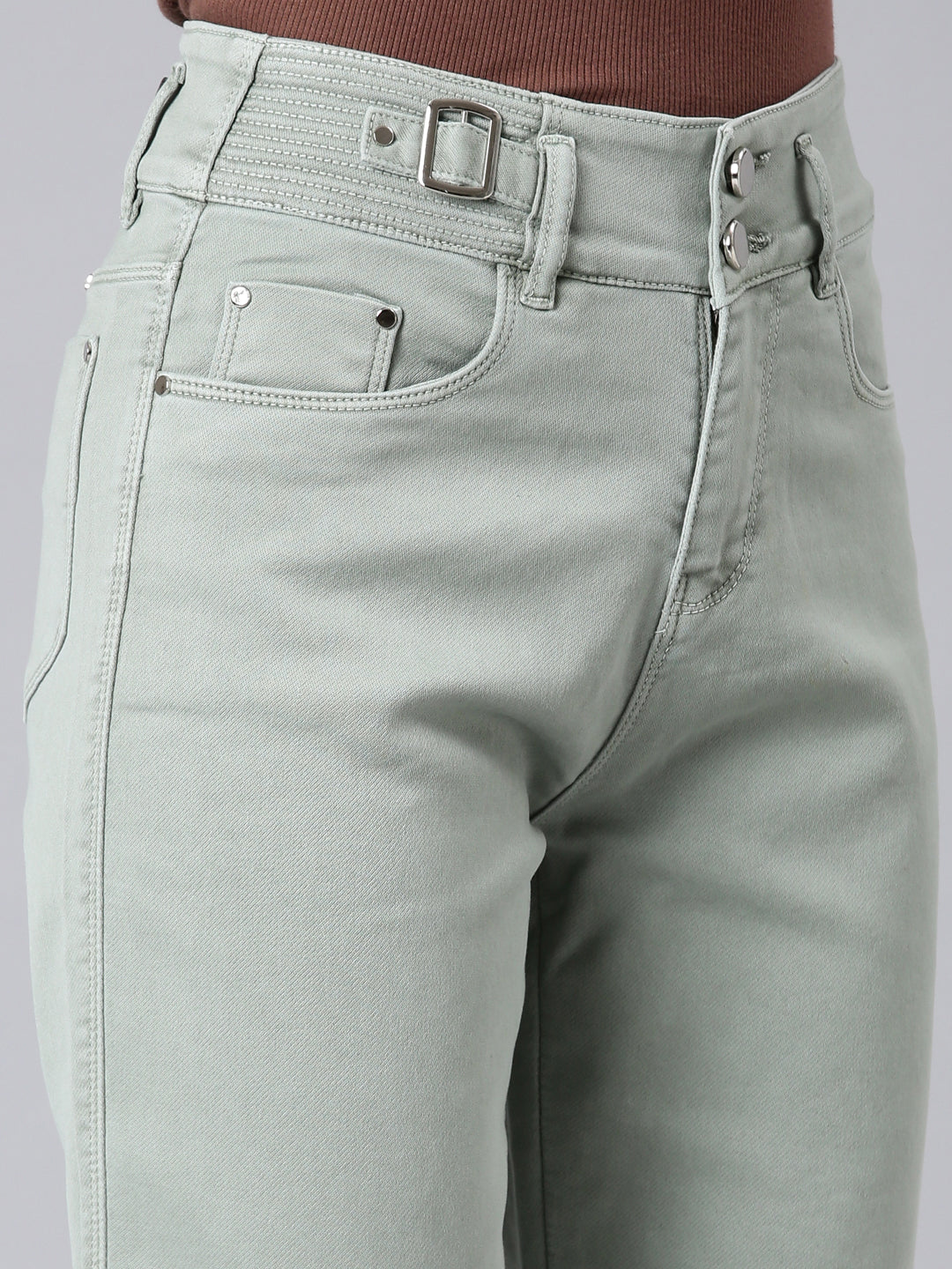 Women's Green Straight Fit Acid Wash High-Raise Denim Jeans