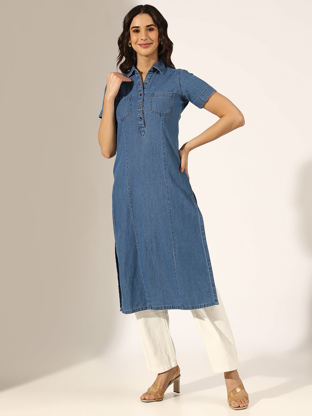 Women's Blue Denim Kurta with Shirt Collar Neck