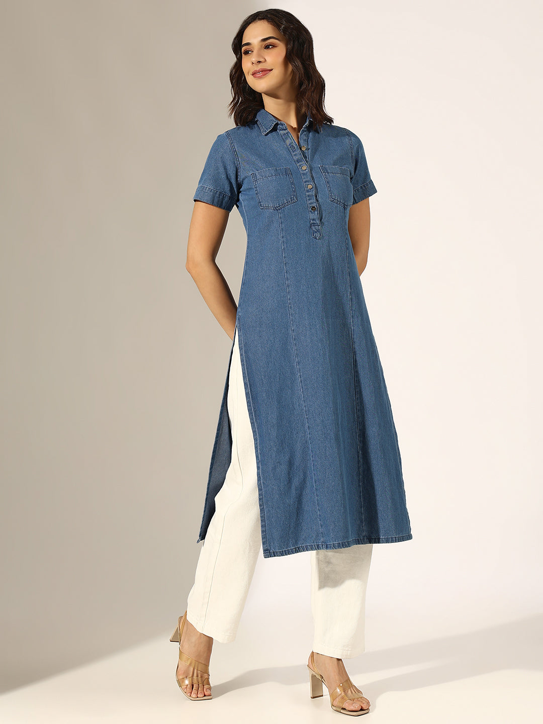 Women's Blue Denim Kurta with Shirt Collar Neck