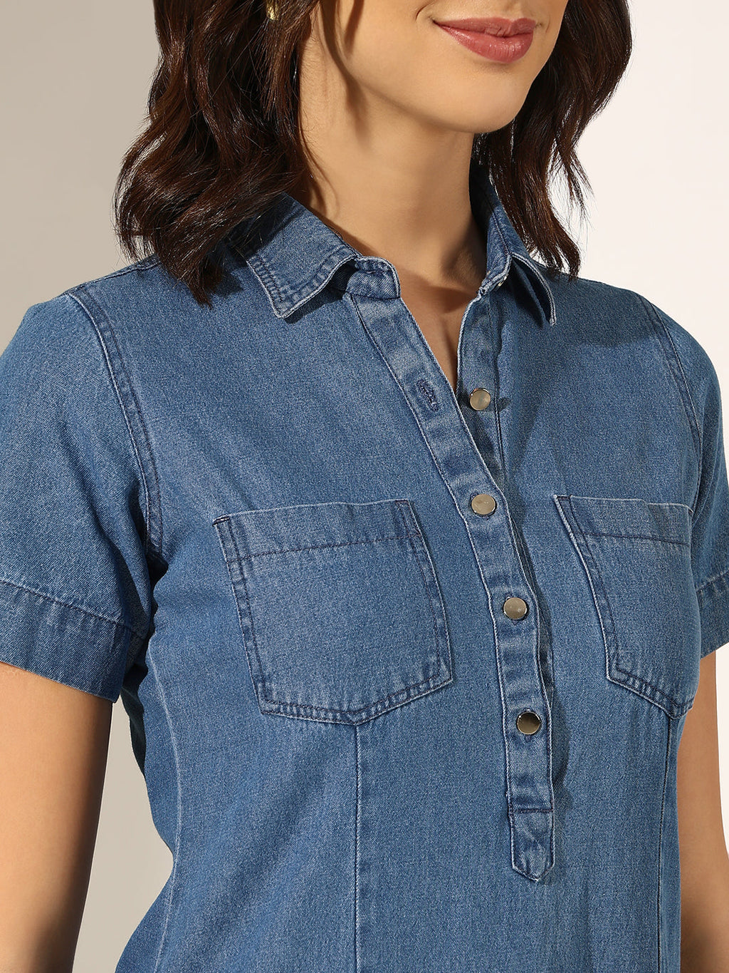Women's Blue Denim Kurta with Shirt Collar Neck