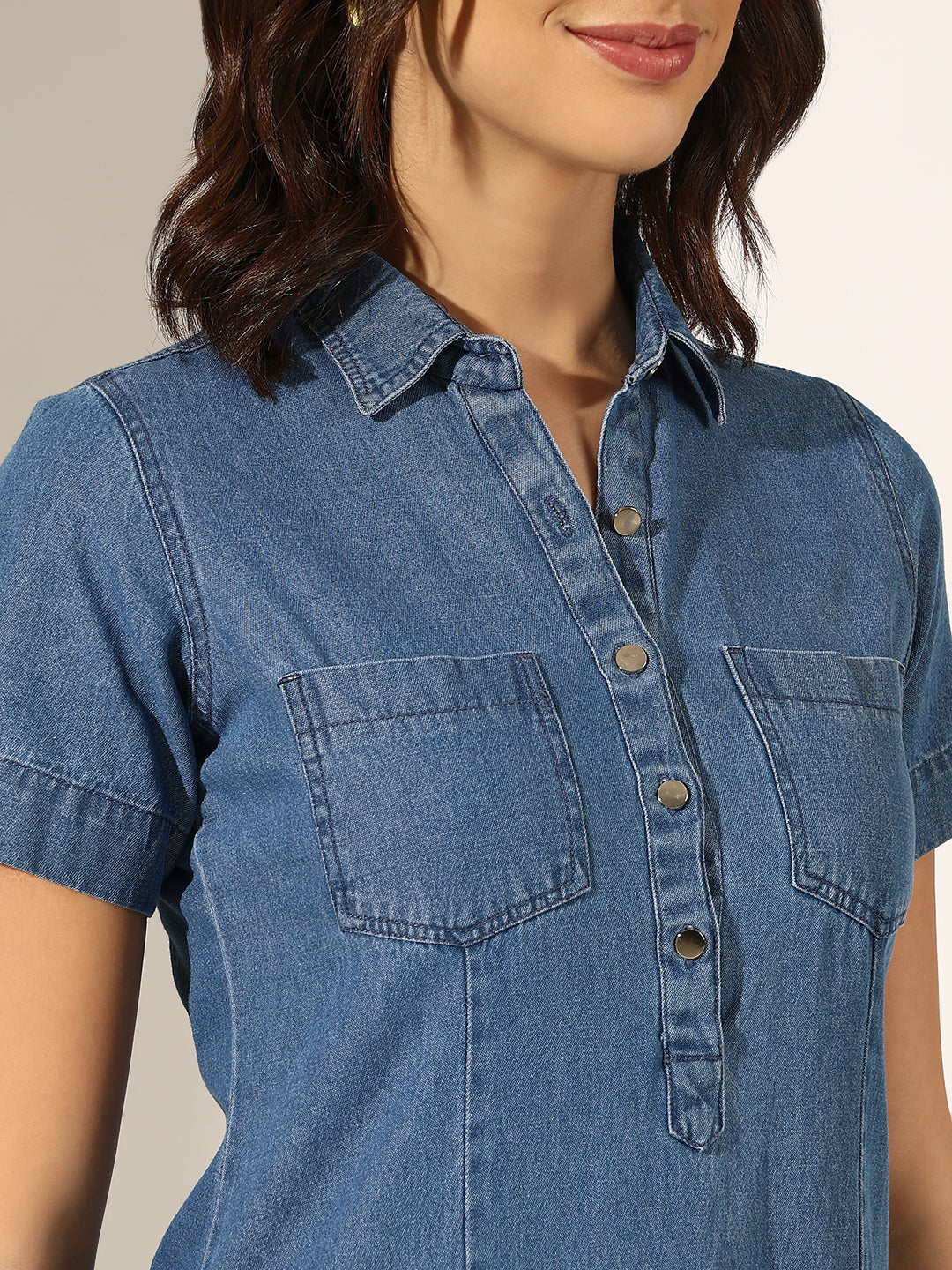Women's Blue Denim Kurta with Shirt Collar Neck