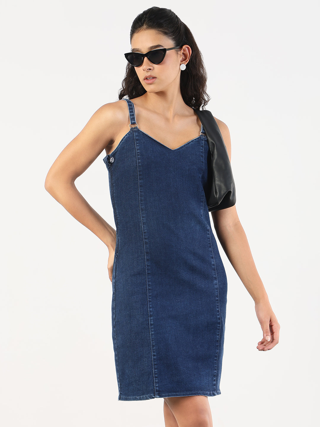 Women's Solid Navy Blue Denim Pinafore Dress