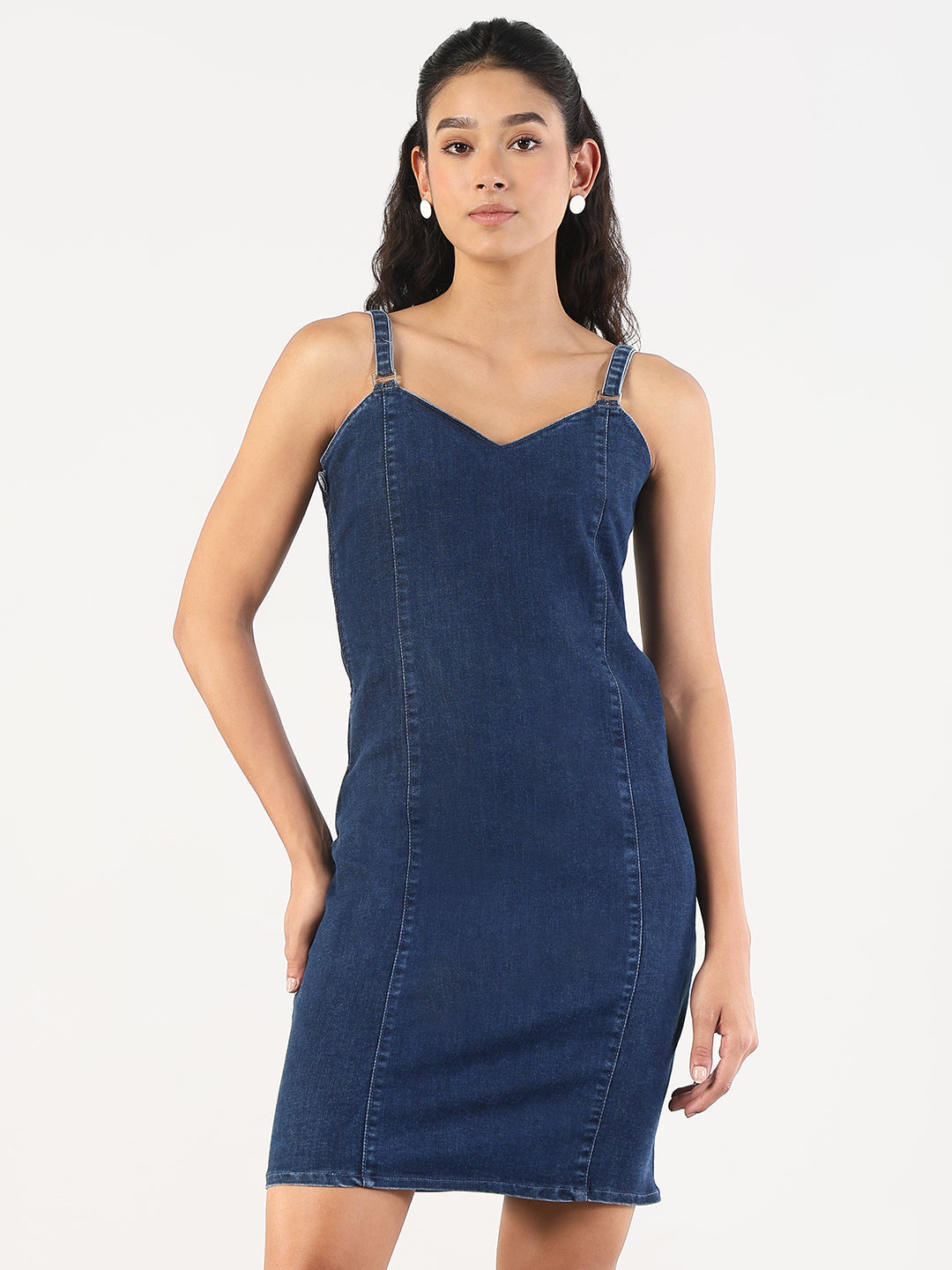 Women's Solid Navy Blue Denim Pinafore Dress