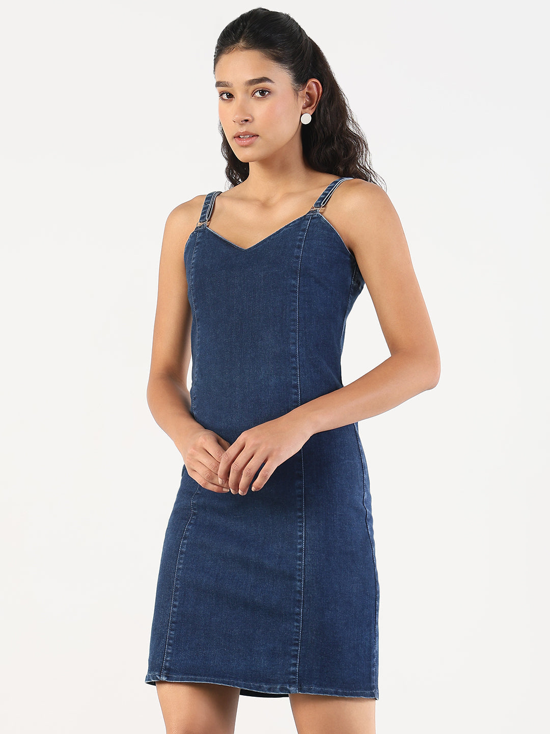 Women's Solid Navy Blue Denim Pinafore Dress