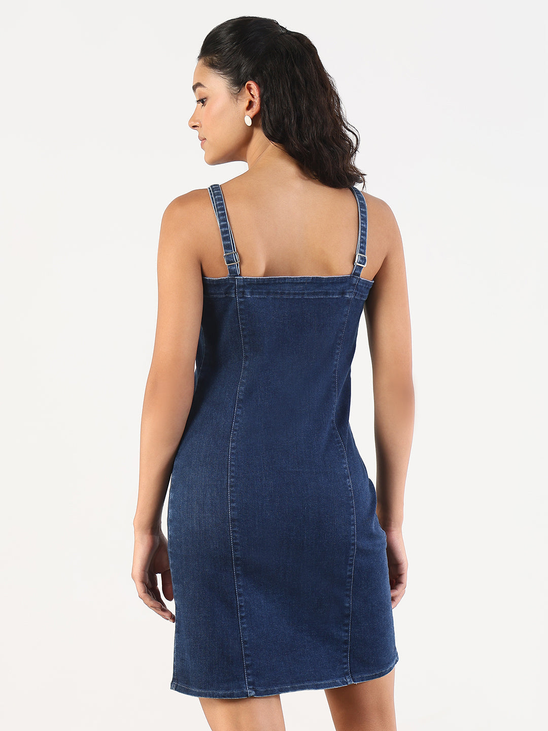 Women's Solid Navy Blue Denim Pinafore Dress