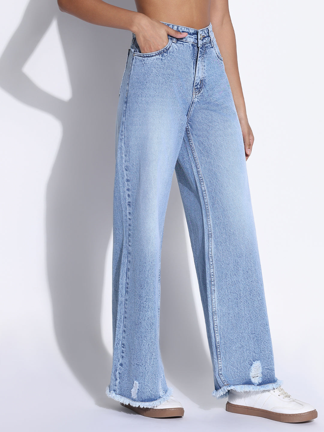 Women's Solid Blue Ripped Wide Leg Jeans