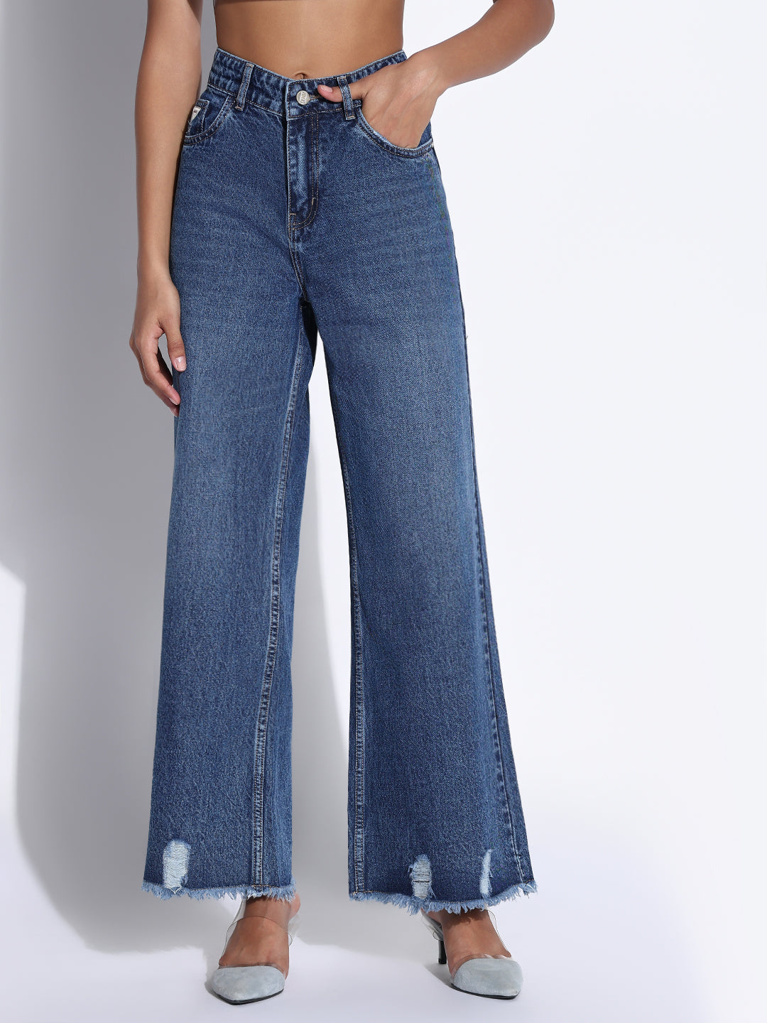 Women's Solid Navy Blue Ripped Wide Leg Jeans