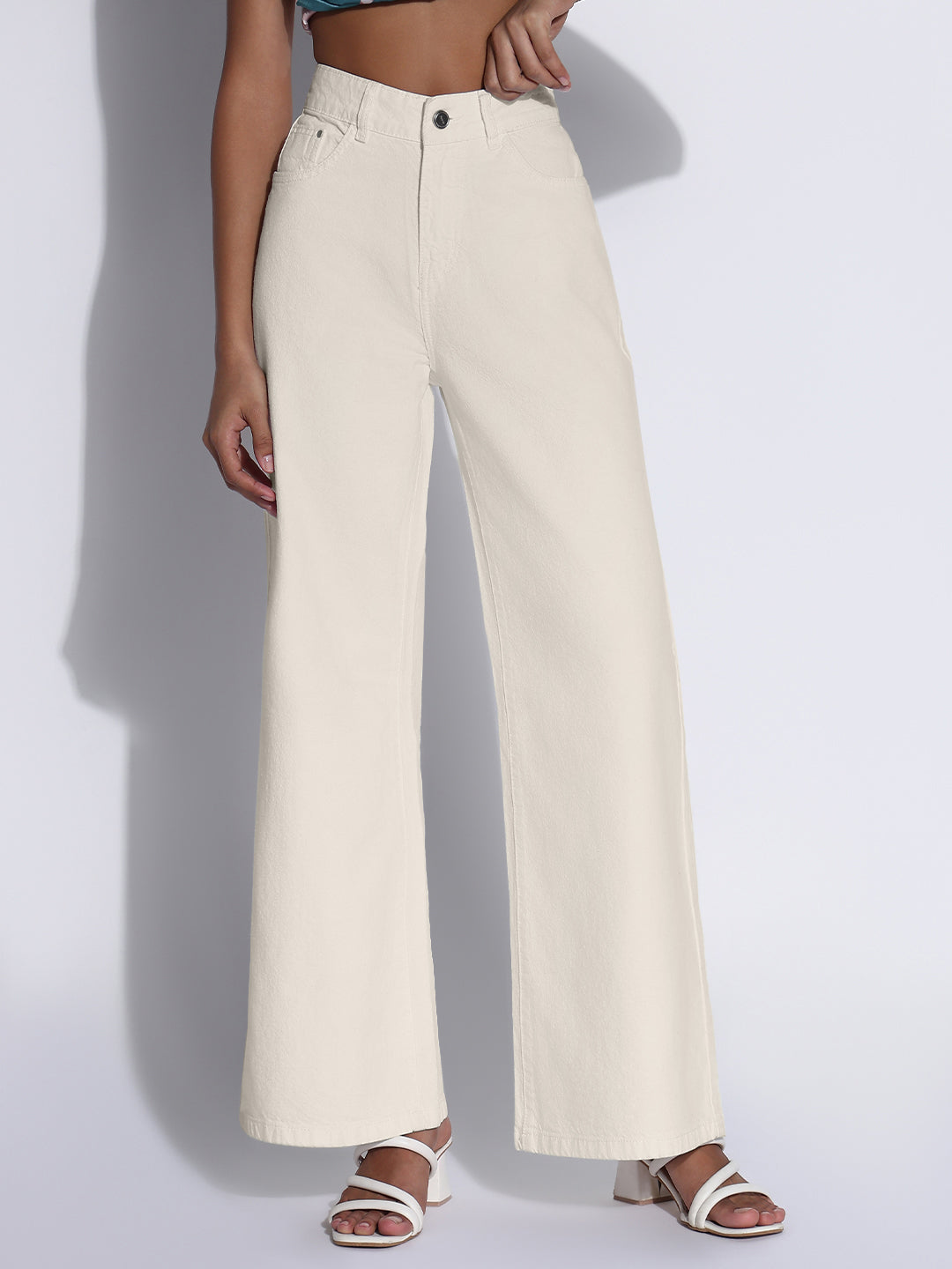 Women's Cream High-Waist Wide Leg Jeans