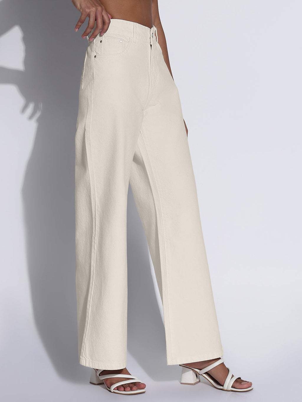 Women's Cream High-Waist Wide Leg Jeans