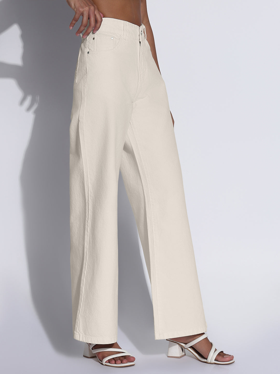 Women's Cream High-Waist Wide Leg Jeans