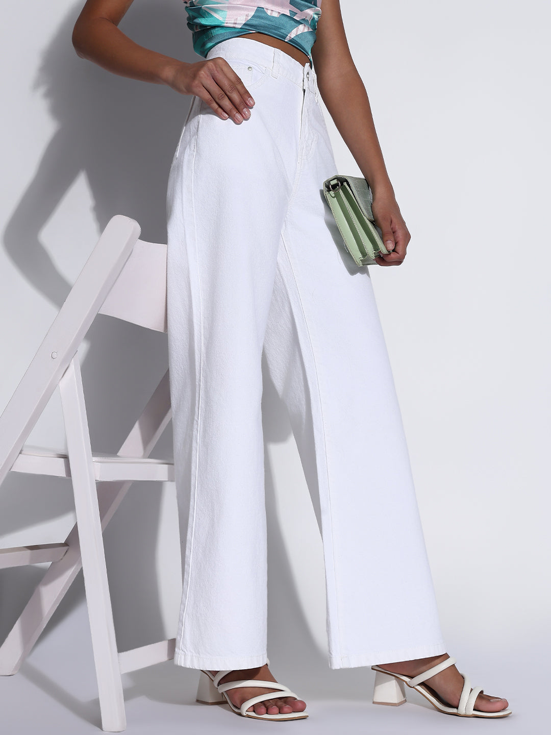 Women's Solid White Wide Leg Jeans