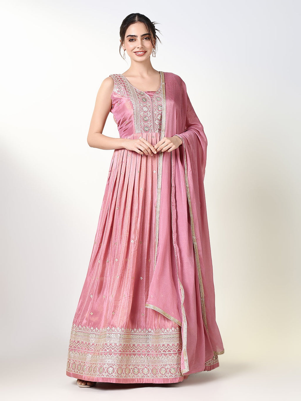 Women's Pink Embroidered Anarkali Kurta with Dupatta