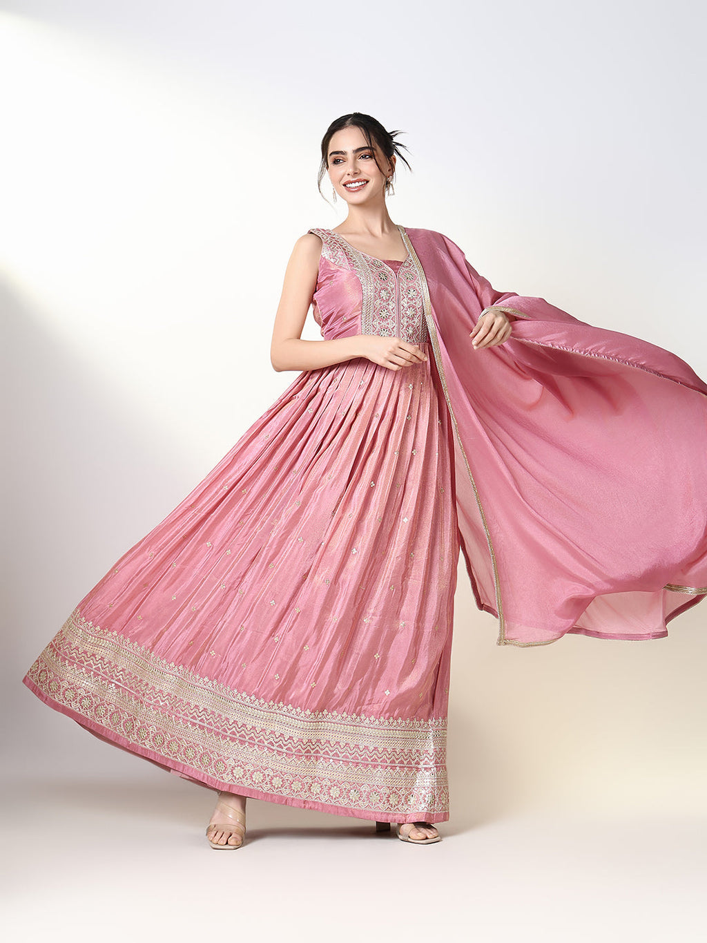 Women's Pink Embroidered Anarkali Kurta with Dupatta