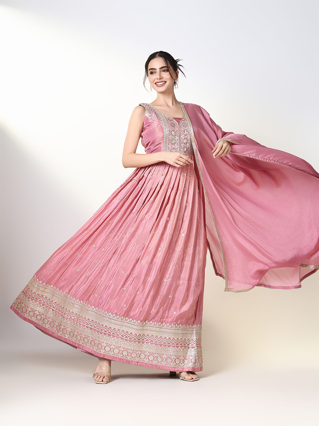 Women's Pink Embroidered Anarkali Kurta with Dupatta