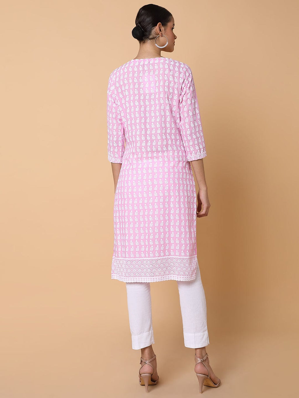 Women's Floral Chikankari Pink Straight Kurta