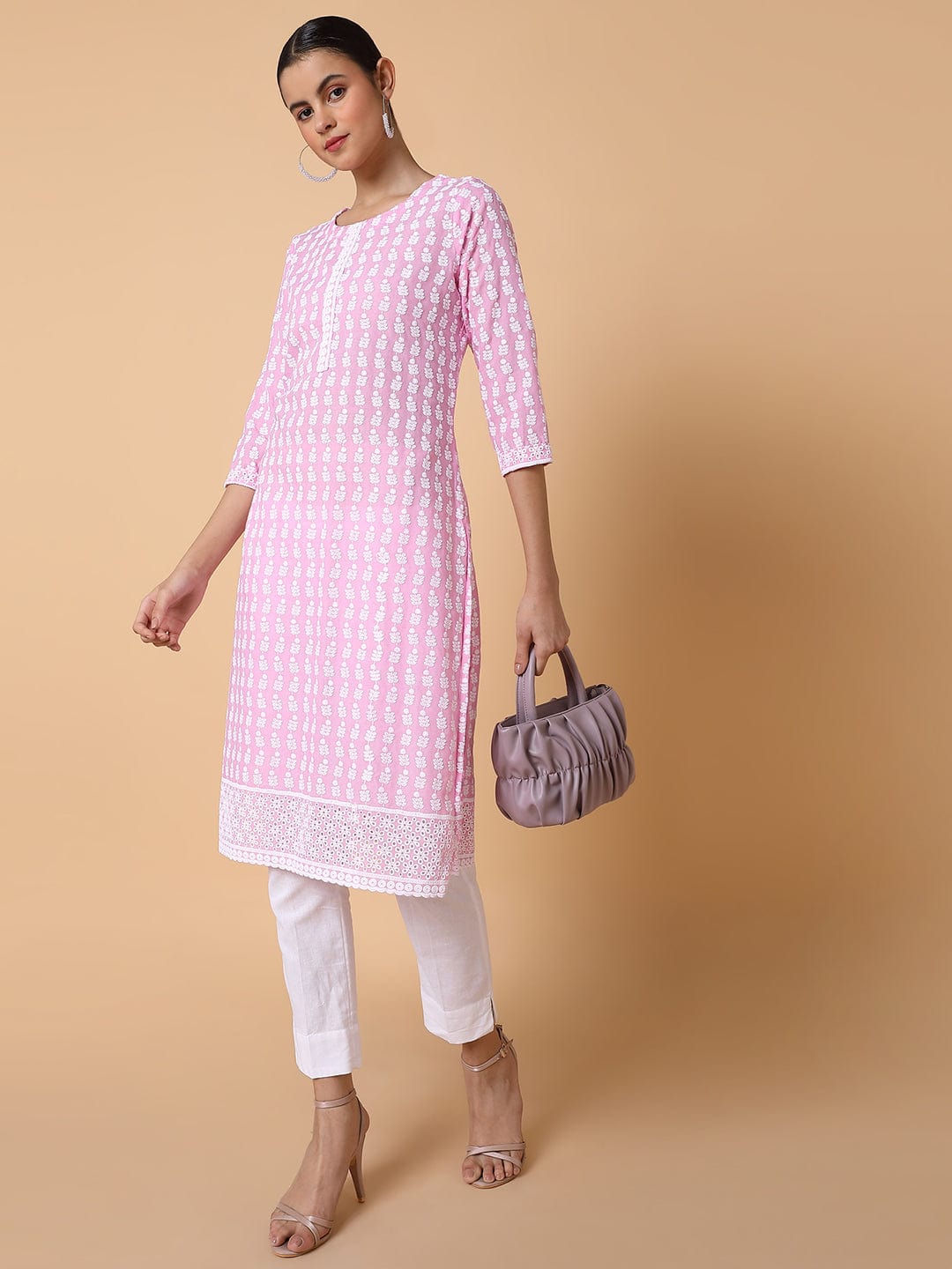 Women's Floral Chikankari Pink Straight Kurta
