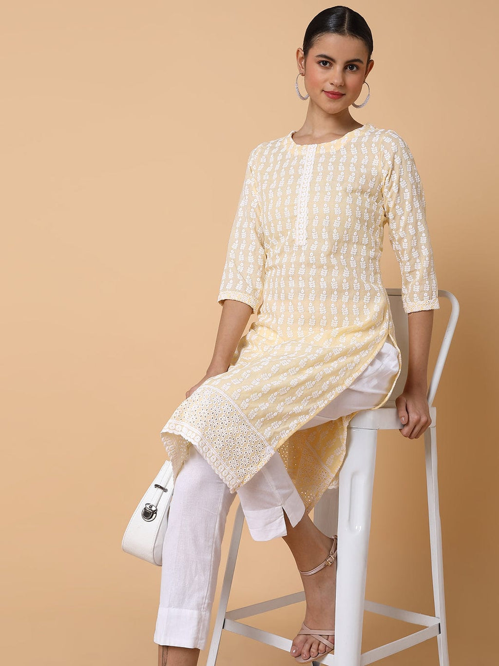 Women's Floral Chikankari Yellow Straight Kurta