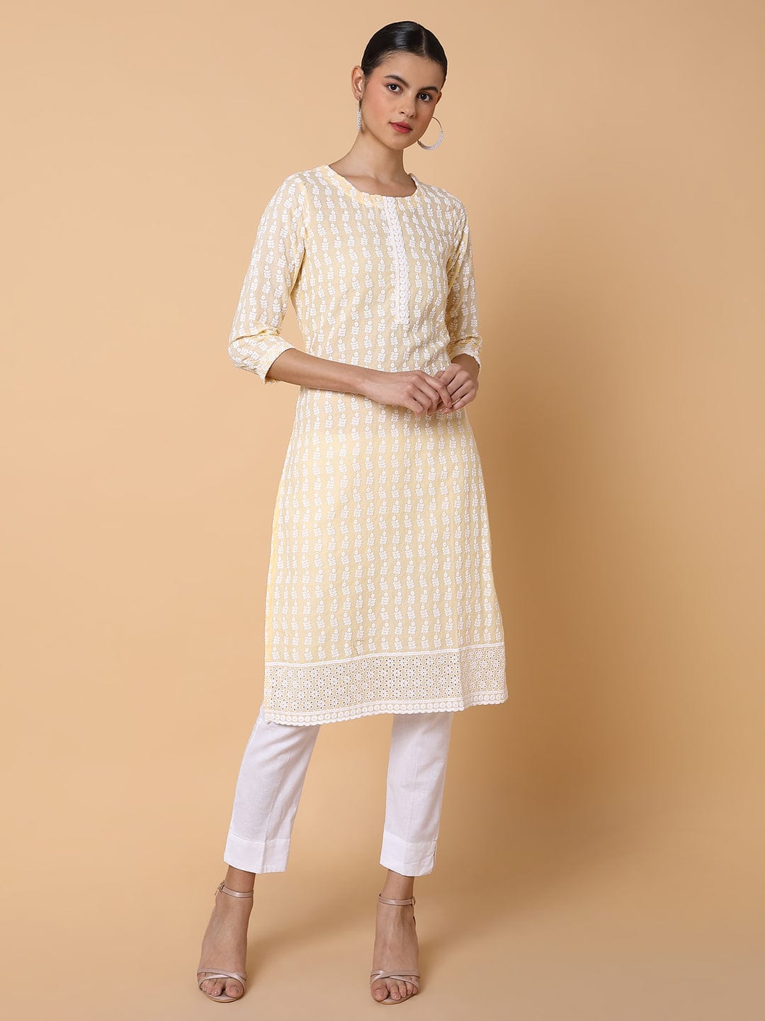Women's Floral Chikankari Yellow Straight Kurta