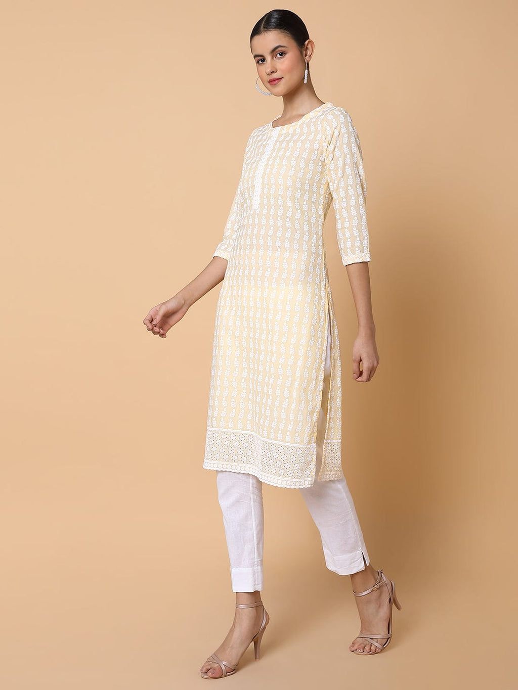 Women's Floral Chikankari Yellow Straight Kurta