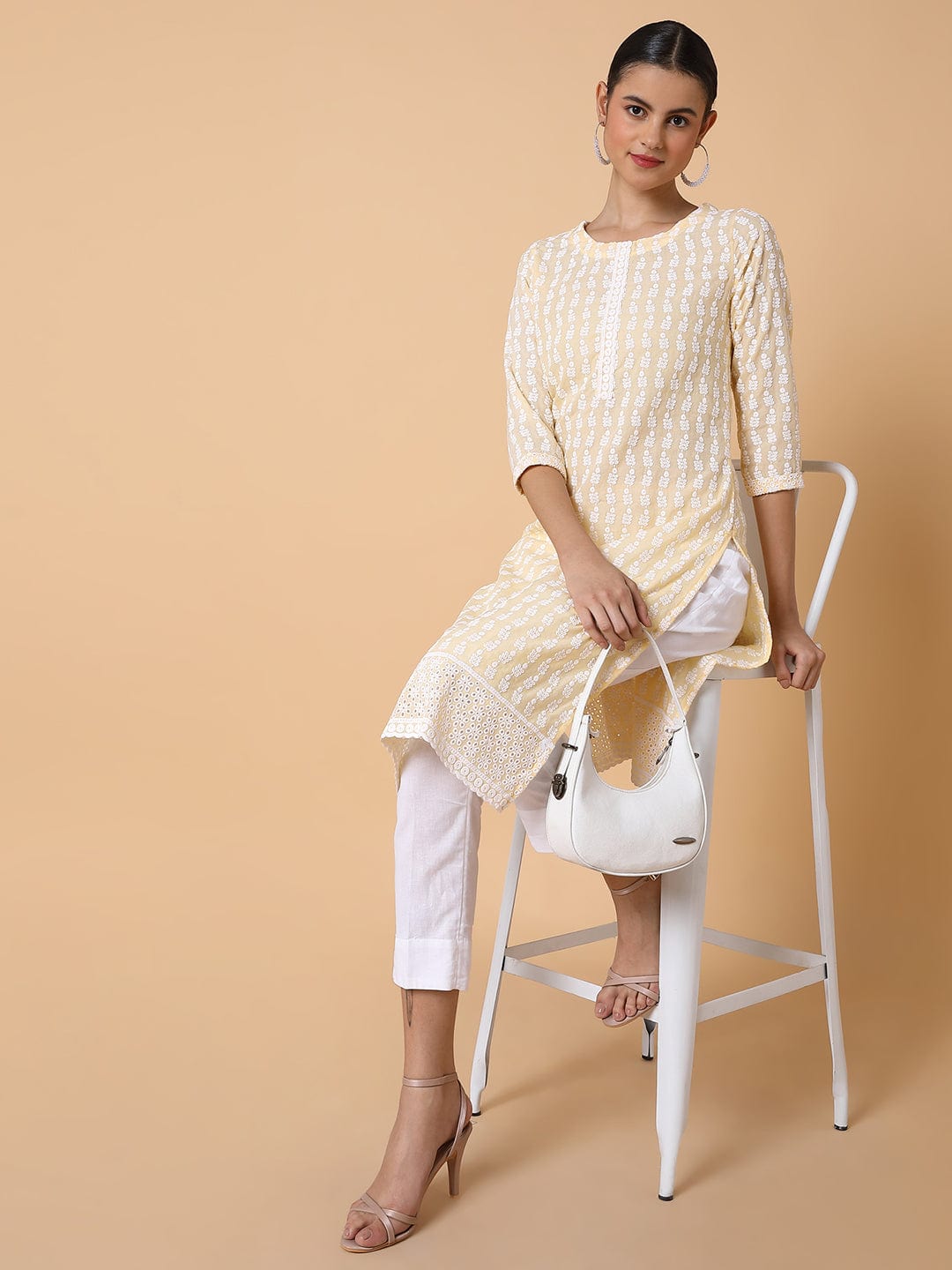 Women's Floral Chikankari Yellow Straight Kurta