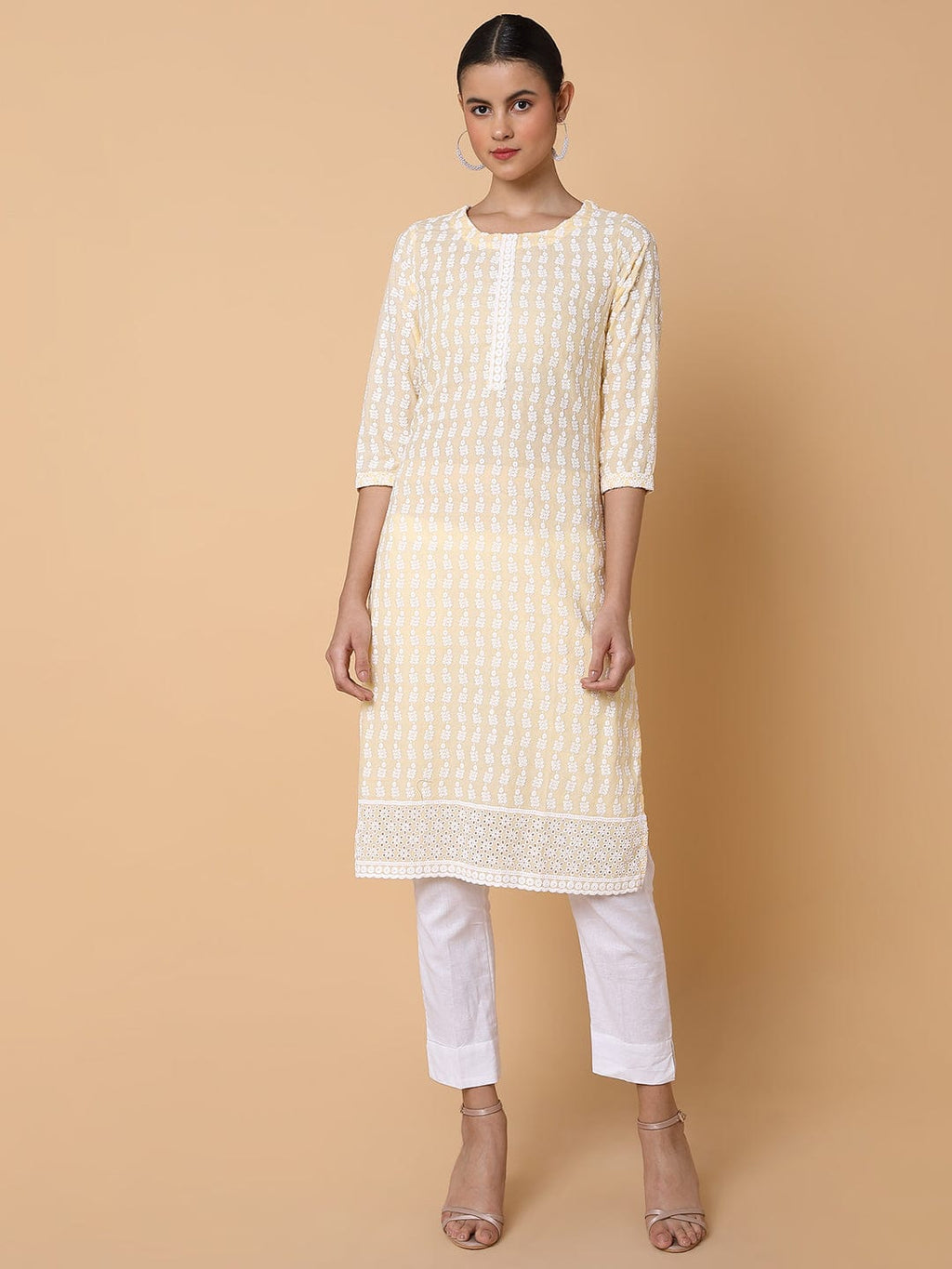 Women's Floral Chikankari Yellow Straight Kurta