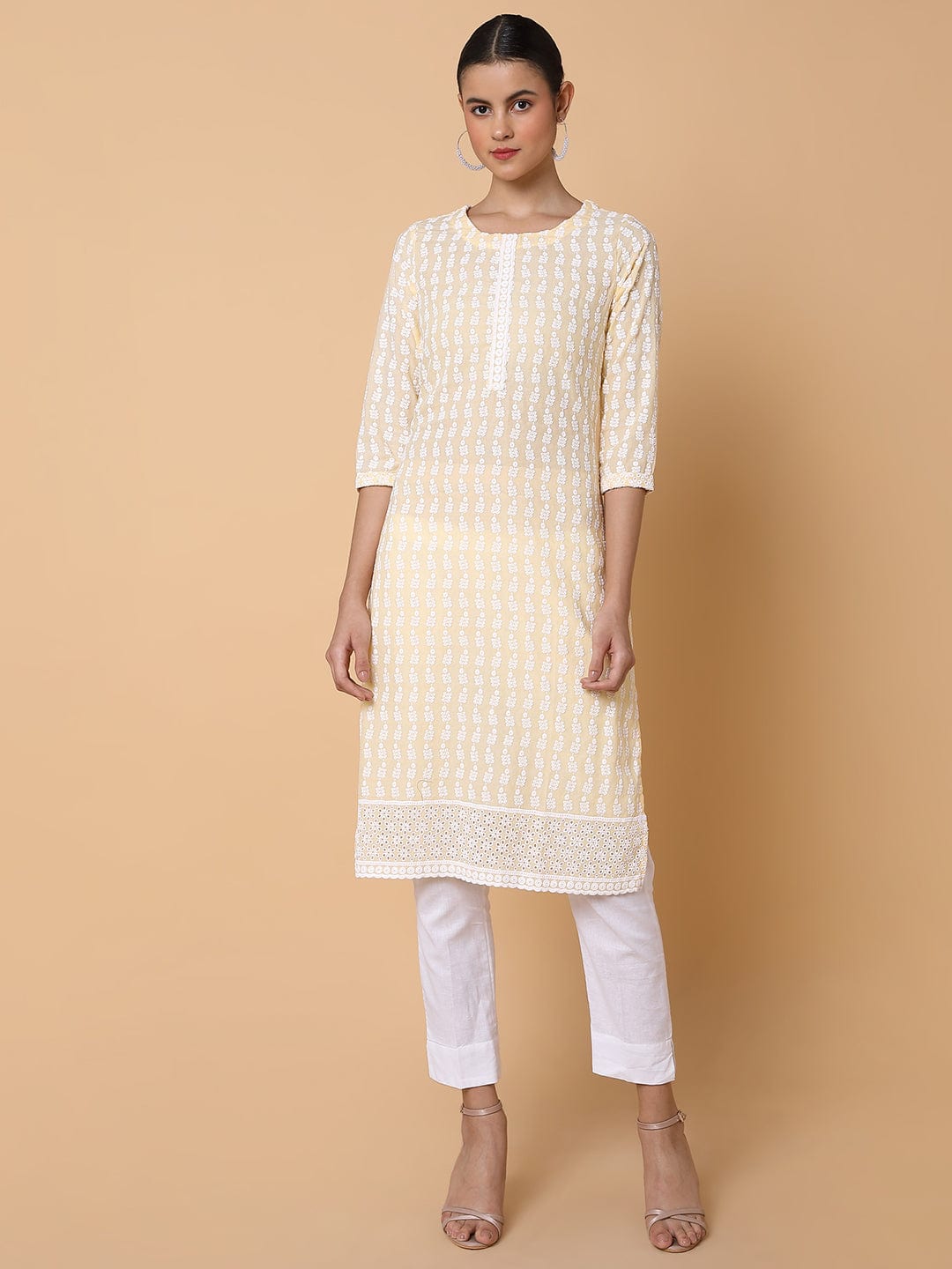 Women's Floral Chikankari Yellow Straight Kurta