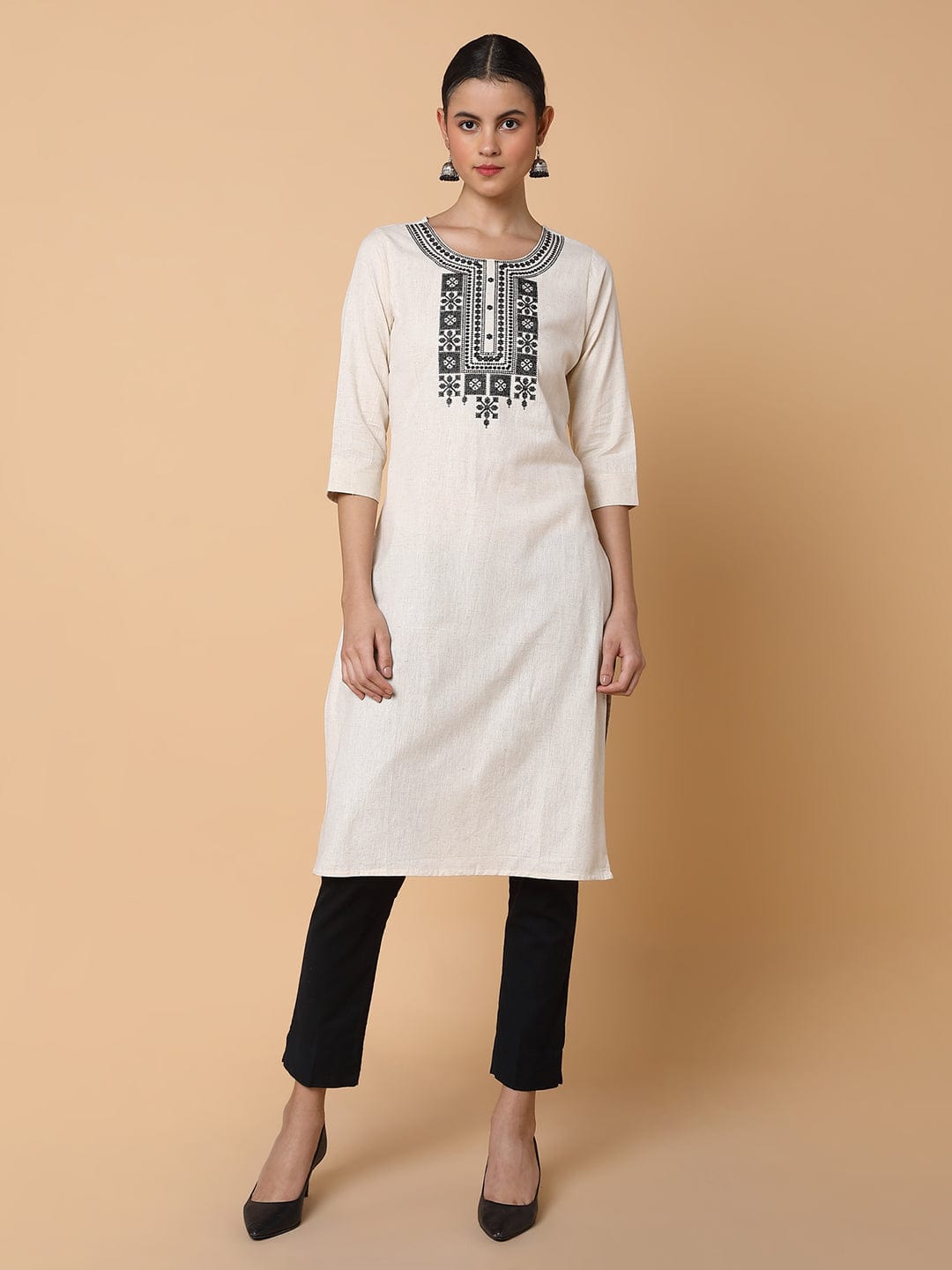Women's Solid Cream Straight Kurta