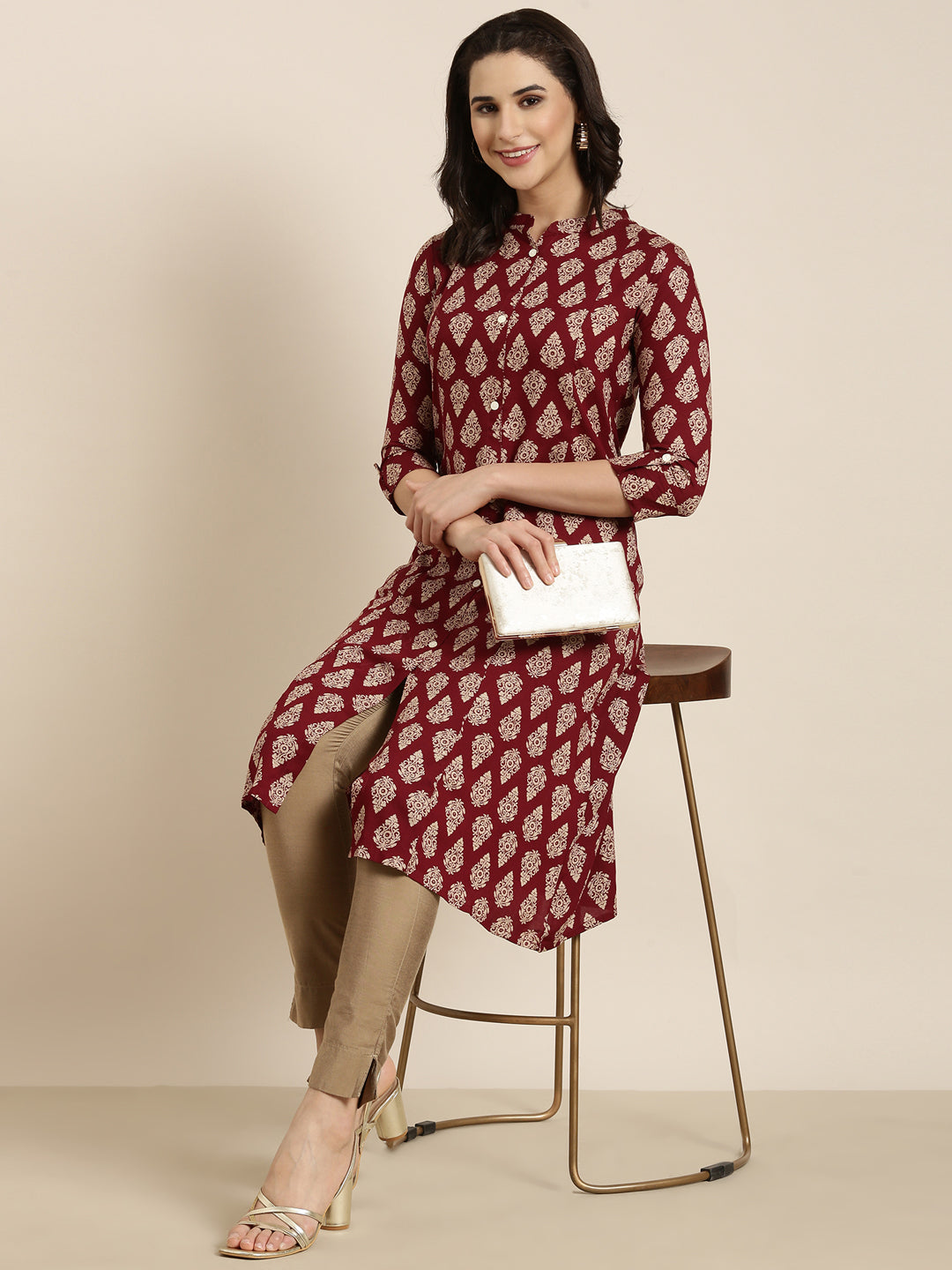 Women's Straight Maroon Ethnic Motifs Kurta