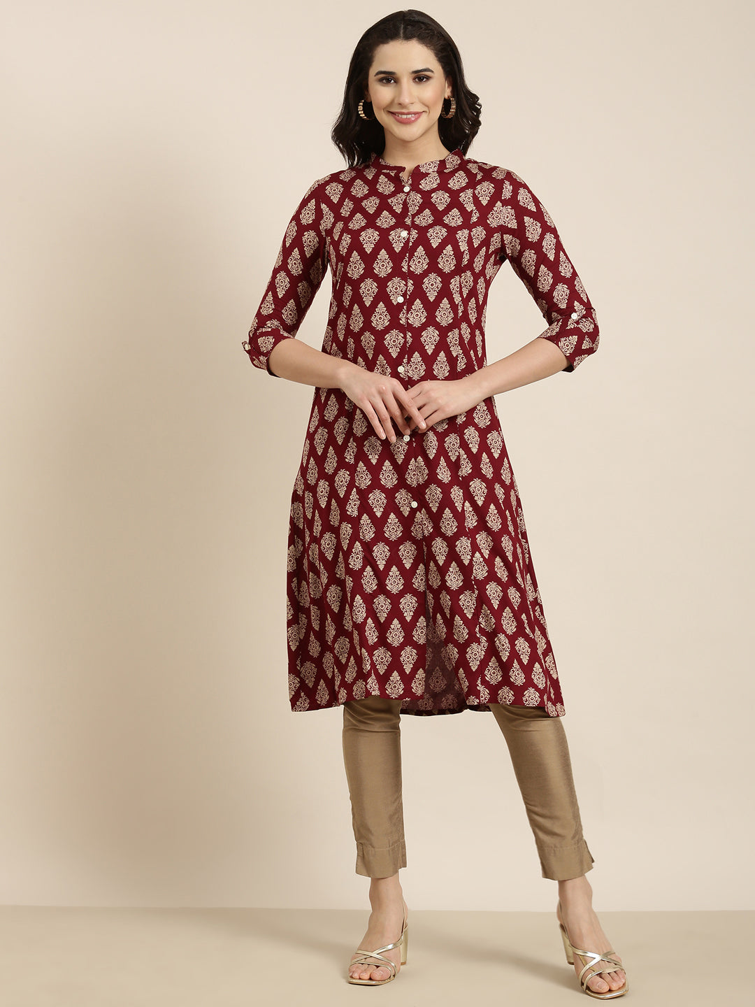 Women's Straight Maroon Ethnic Motifs Kurta