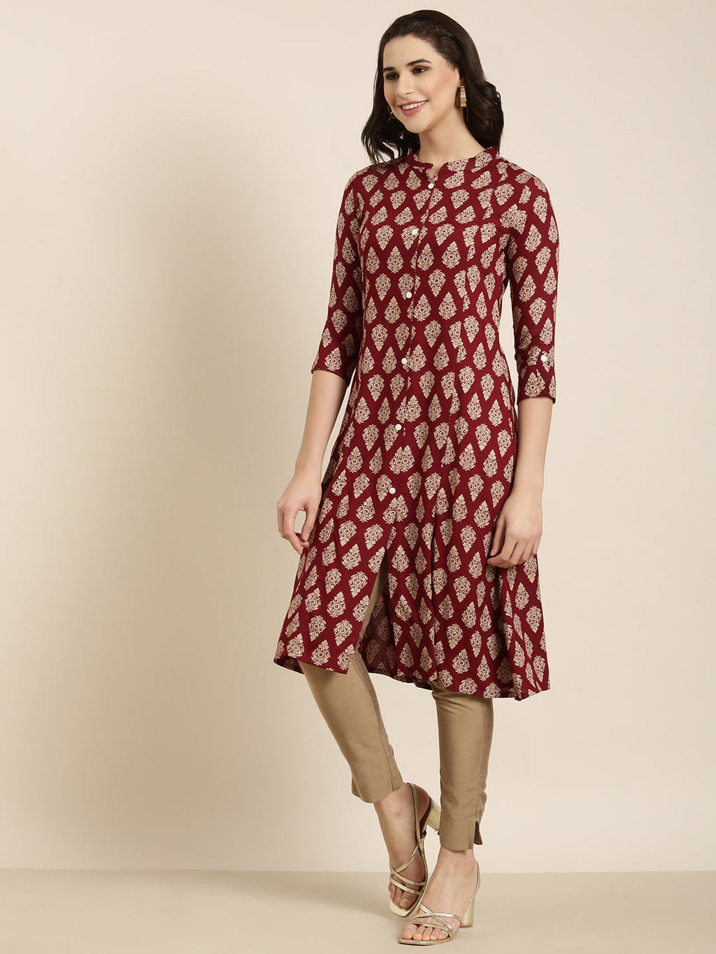 Women's Straight Maroon Ethnic Motifs Kurta