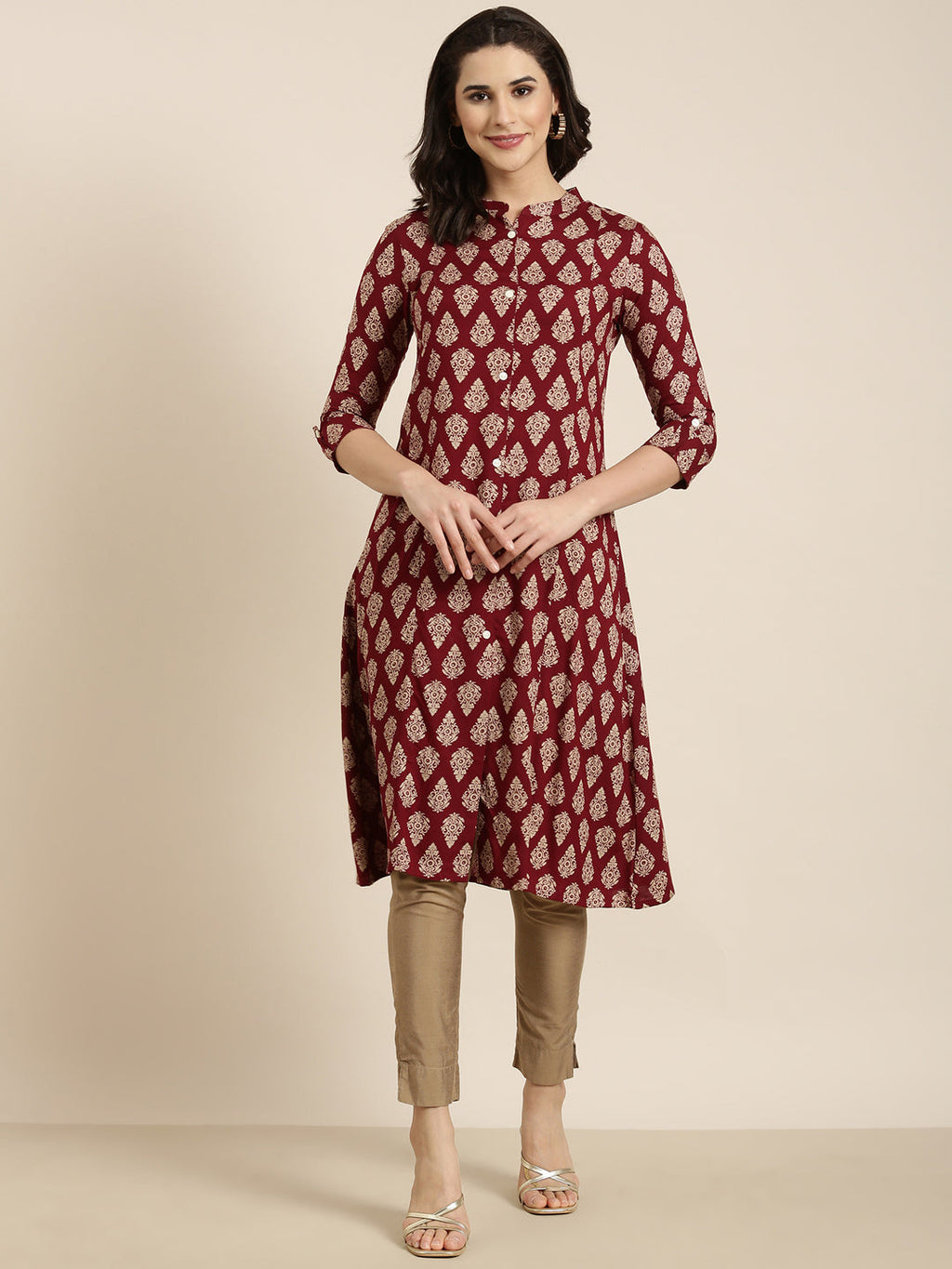 Women's Straight Maroon Ethnic Motifs Kurta