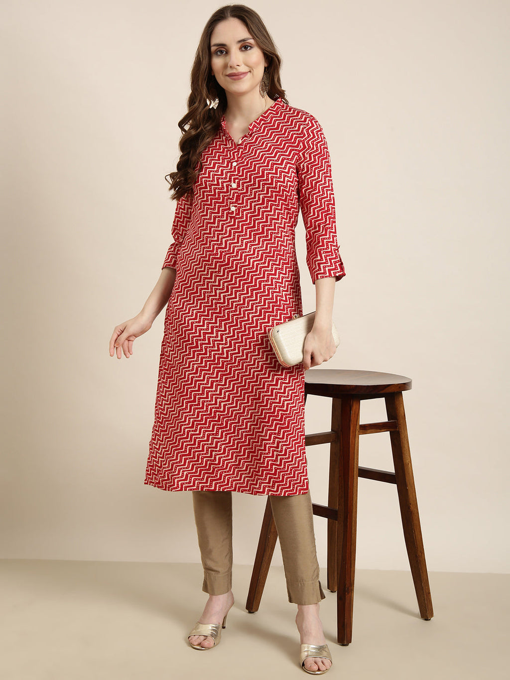 Women's Straight Red Chevron Kurta