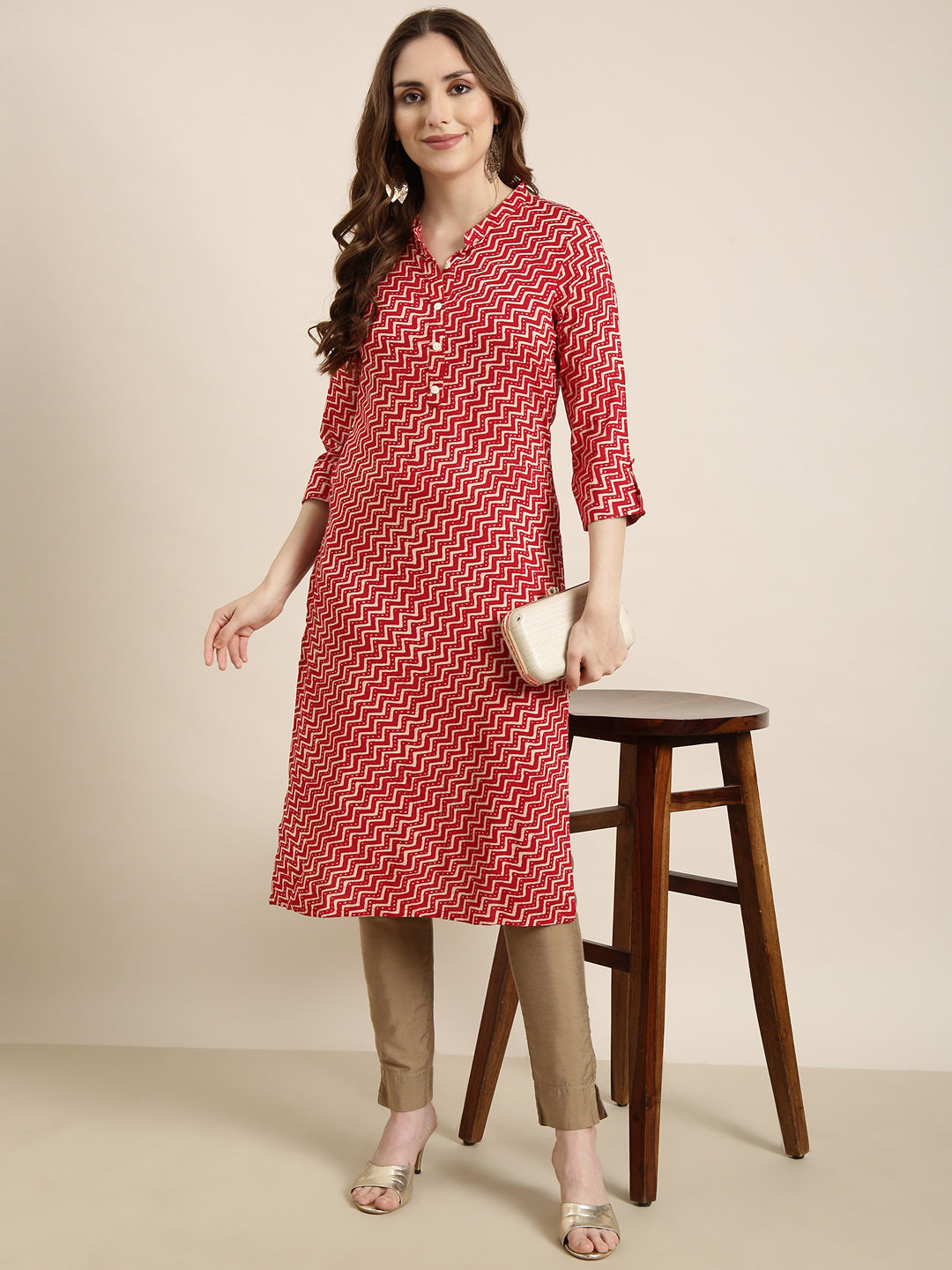 Women's Straight Red Chevron Kurta