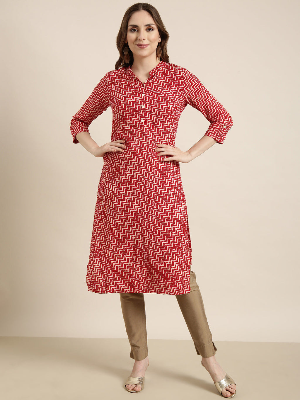Women's Straight Red Chevron Kurta