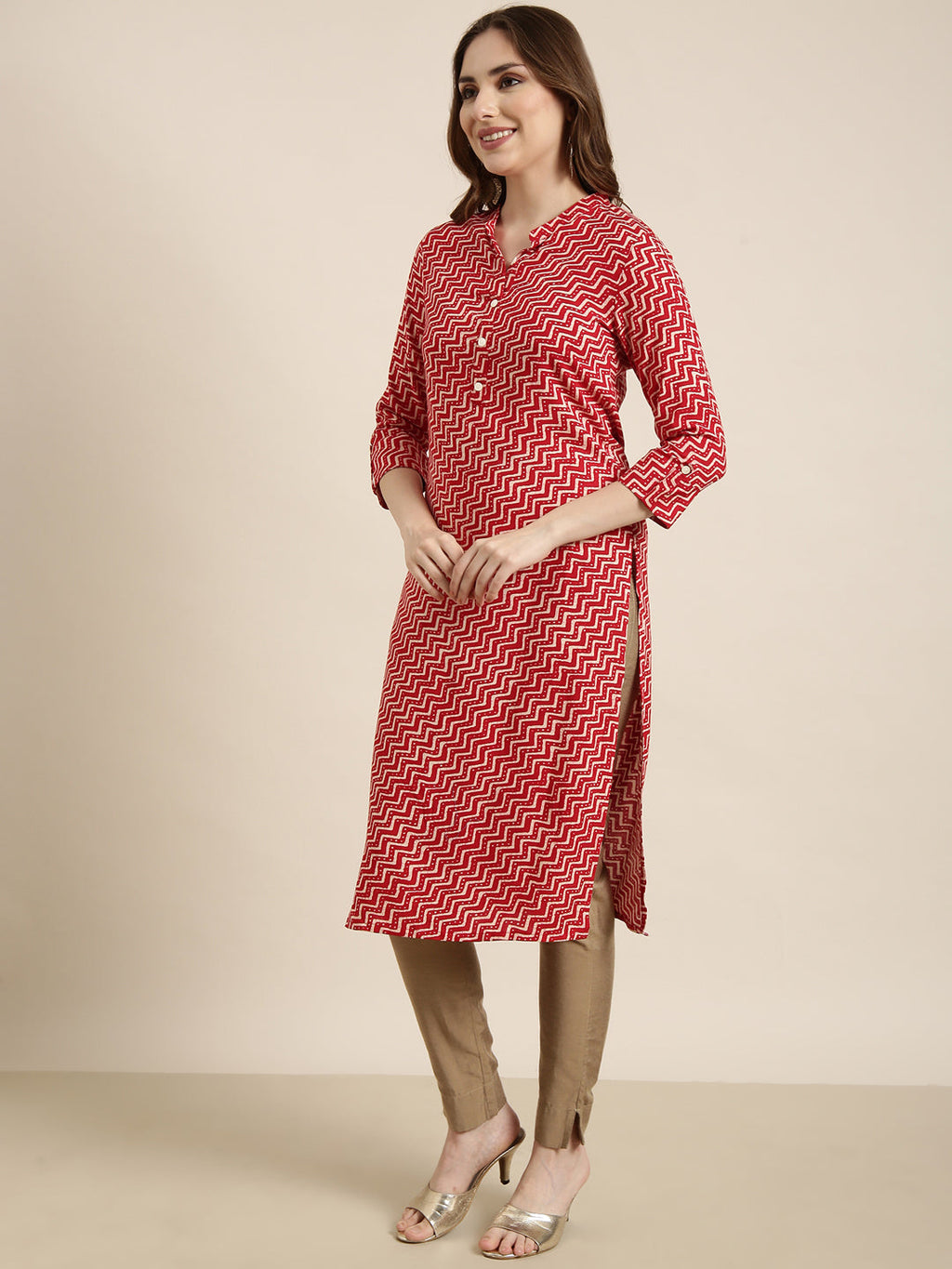 Women's Straight Red Chevron Kurta