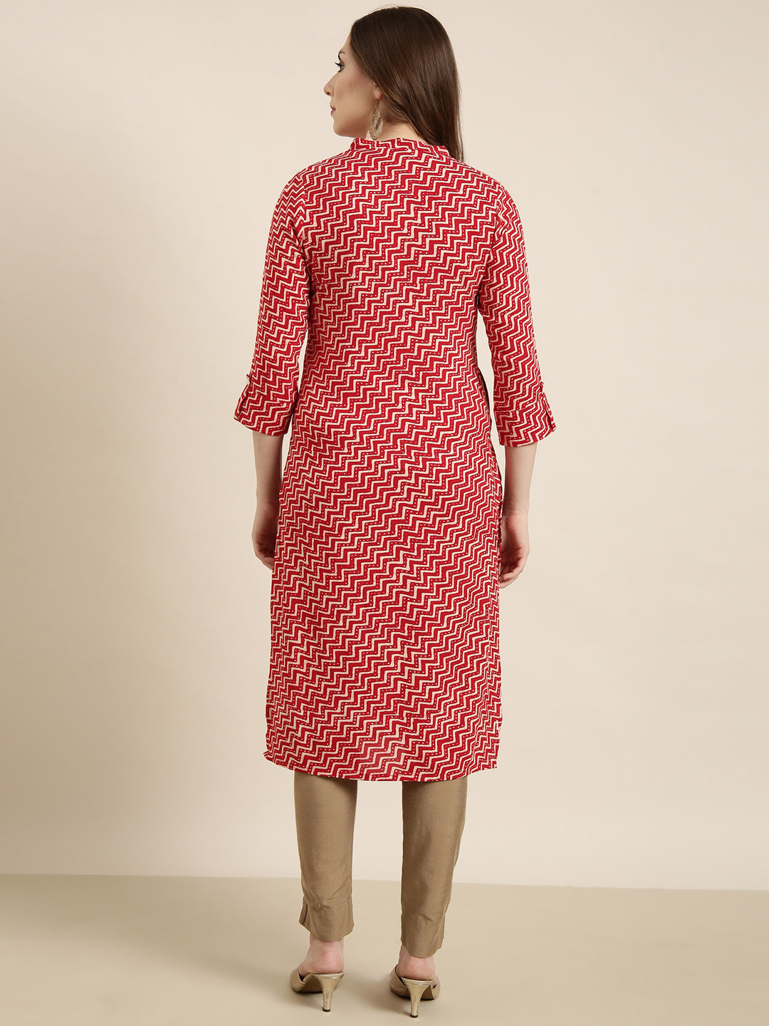 Women's Straight Red Chevron Kurta