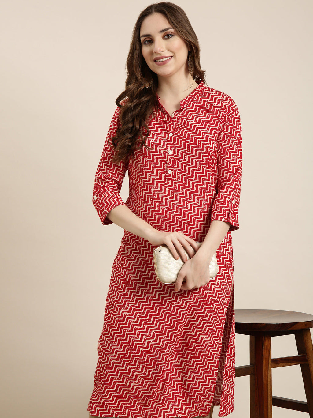 Women's Straight Red Chevron Kurta