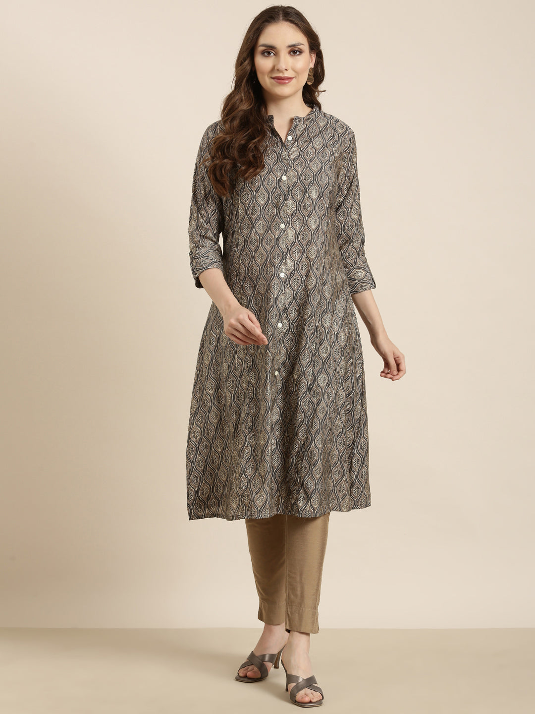 Women's A-Line Grey Ethnic Motifs Kurta
