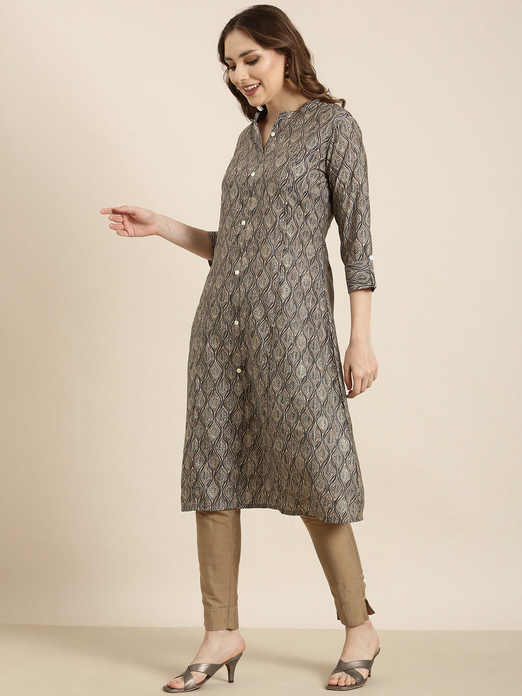 Women's A-Line Grey Ethnic Motifs Kurta