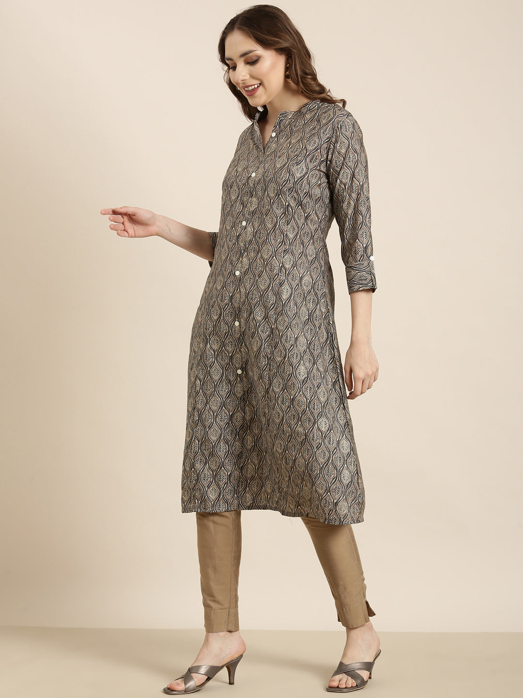 Women's A-Line Grey Ethnic Motifs Kurta