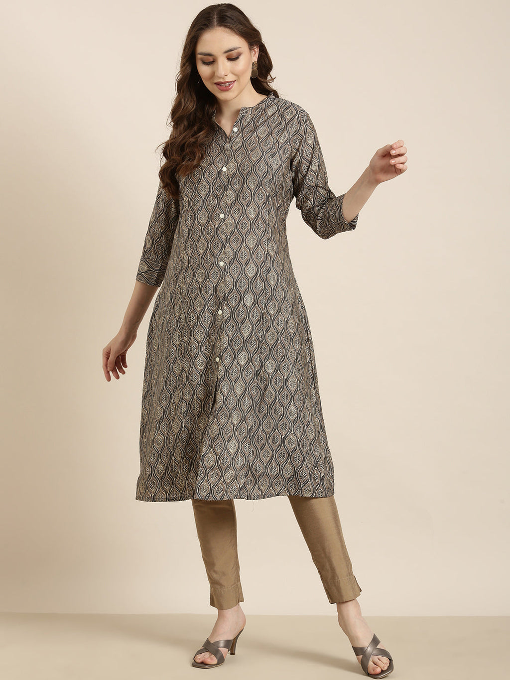Women's A-Line Grey Ethnic Motifs Kurta