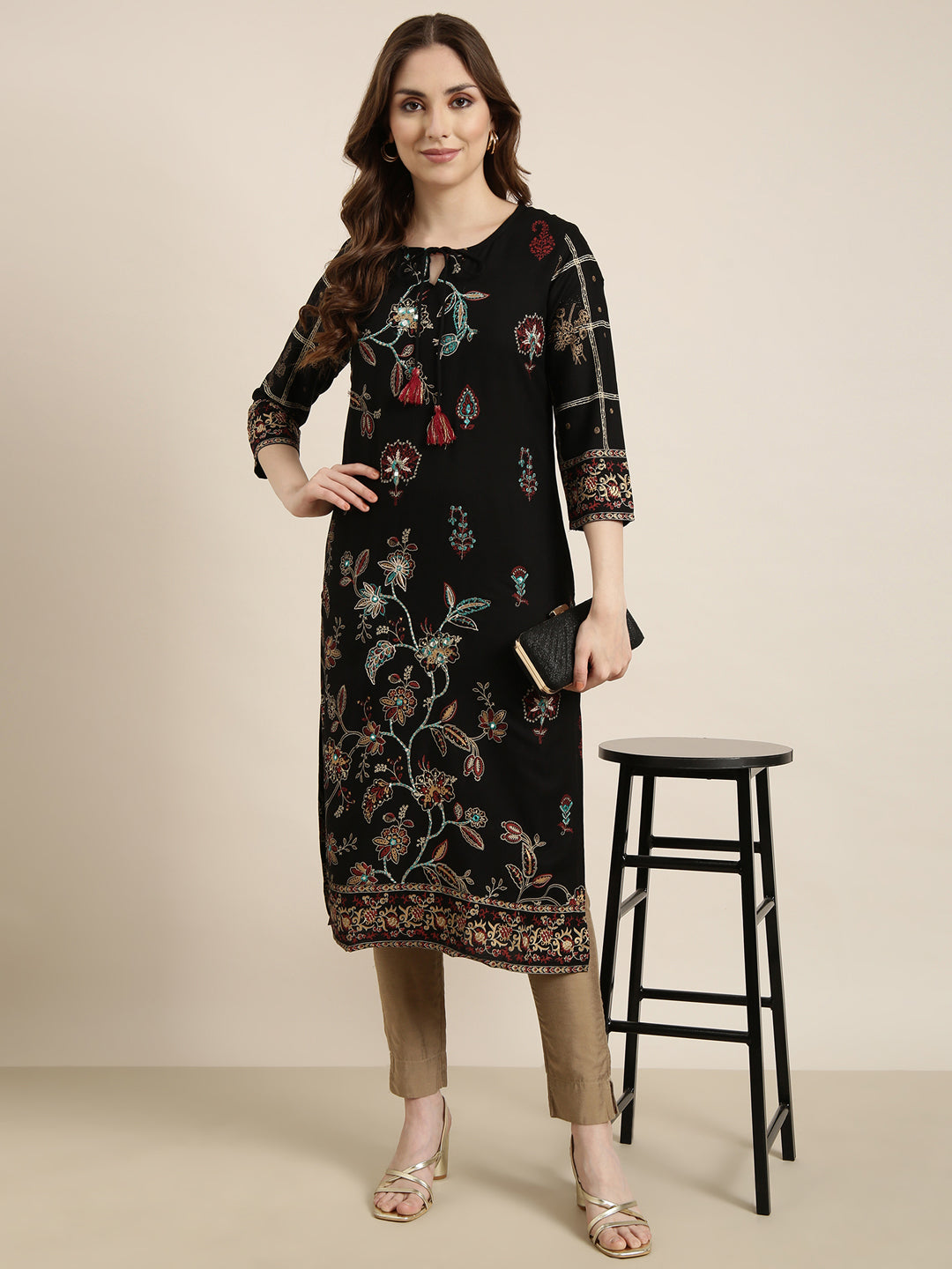 Women's Straight Black Floral Kurta